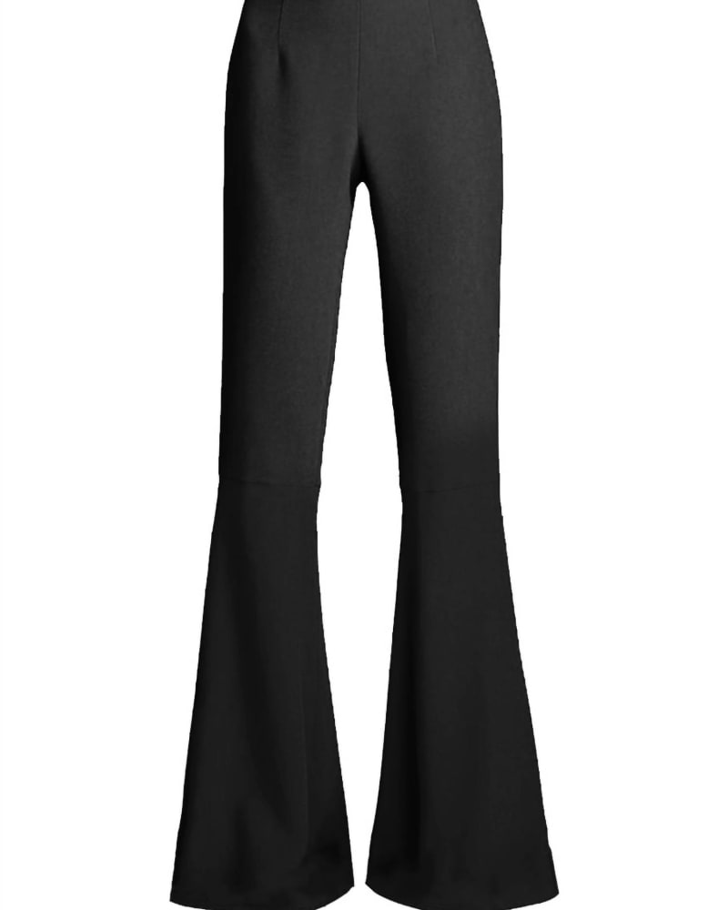 Front of a model wearing a size US12 Crepe Flare Pant In Black in Black by Andrew GN. | dia_product_style_image_id:347276